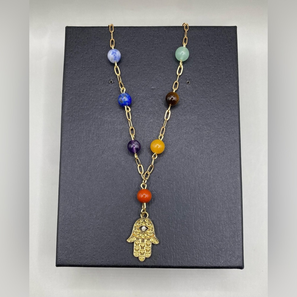 🌈🪬Seven Chakra Bead Hamsa Hand Necklace